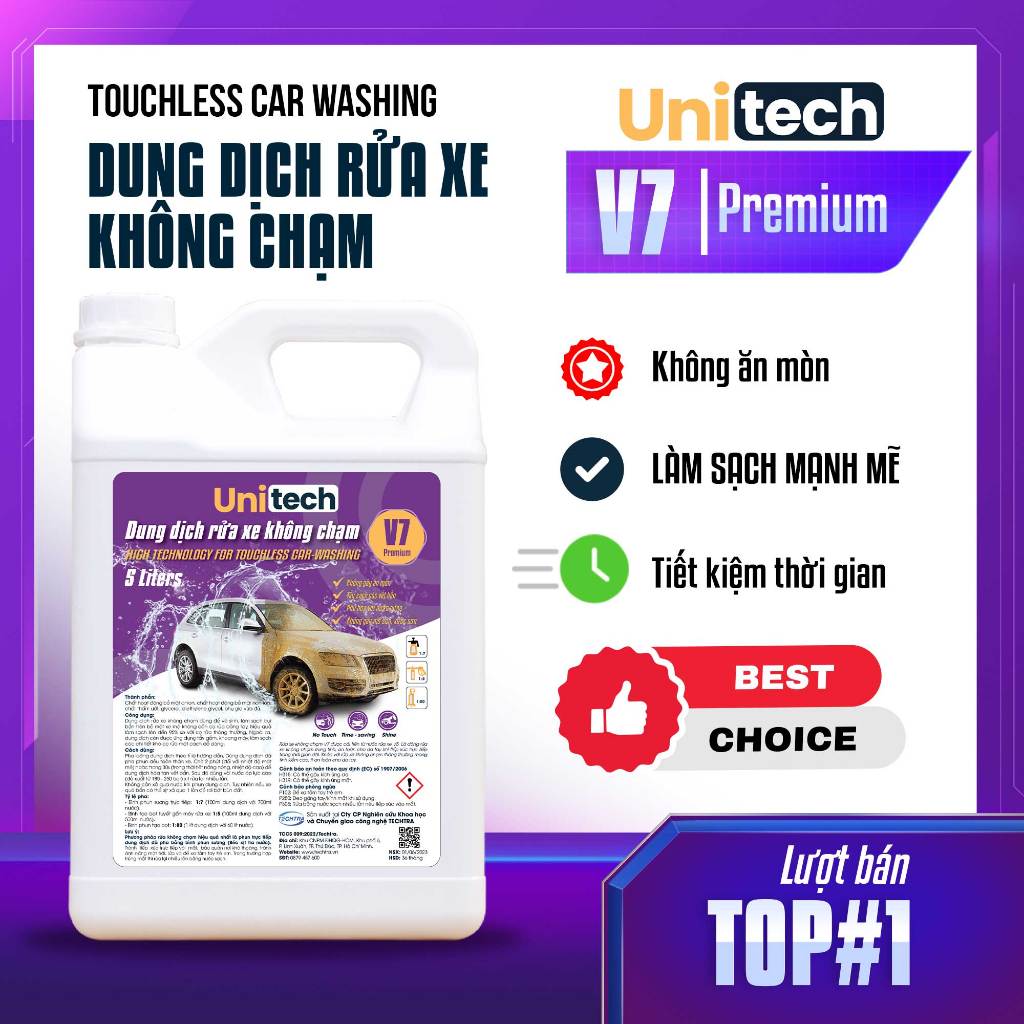 Nước Rửa Xe Không Chạm Unitech V7 (5 lít), Dung Dịch Rửa Xe Không Chạm Cao Cấp, Tẩy Mạnh