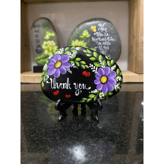 tranh thư pháp trên đá cuội chữ thank you tặng kèm đế trưng bày