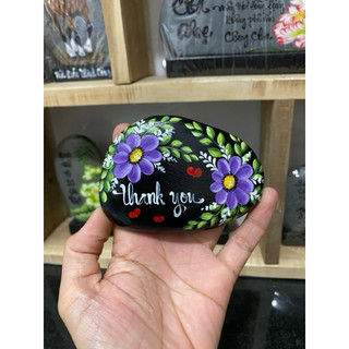 tranh thư pháp trên đá cuội chữ thank you tặng kèm đế trưng bày