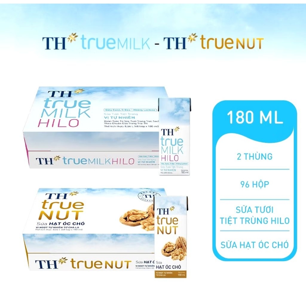 Combo 1 Thùng sia tuoi tiêt trùng TH true Milk HILO và1 Thùng sia hat óc chó TH true Nut 180ml x 96 