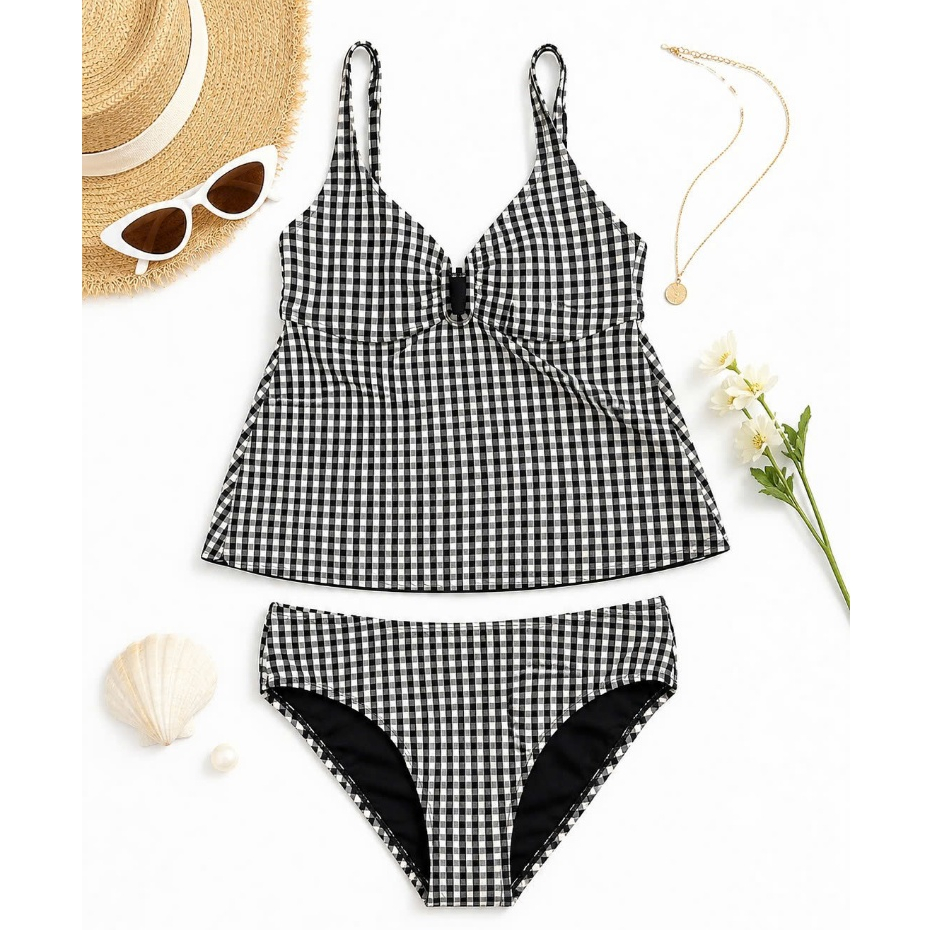 Bộ bơi 2 mảnh Lands end,bikini đi biển họa tiết karo đen áo tankini quần cạp cao che bụng kín có đệm
