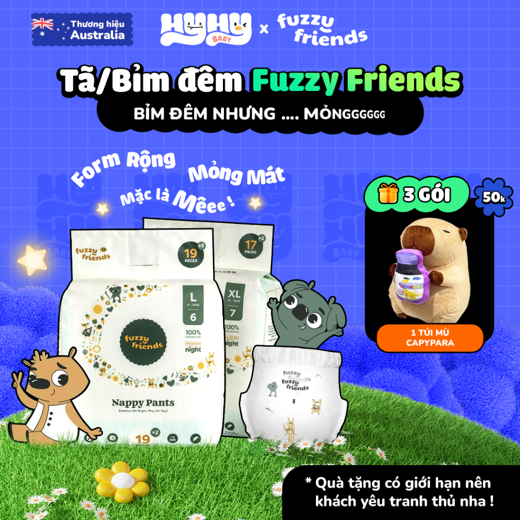 Tã Bỉm Đêm FUZZY FRIENDS Úc – Bỉm Dán/Quần Siêu Mỏng, Không Tẩy Trắng, An Toàn Cho Bé – Size NB/S/M/