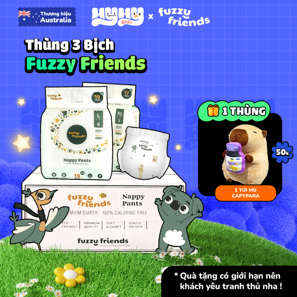 [COMBO 1 THÙNG 3 BỊCH] Tã Bỉm Đêm FUZZY FRIENDS Úc – Bỉm Bỉm Dán/Quần Siêu Mỏng, Không Tẩy Trắng, An