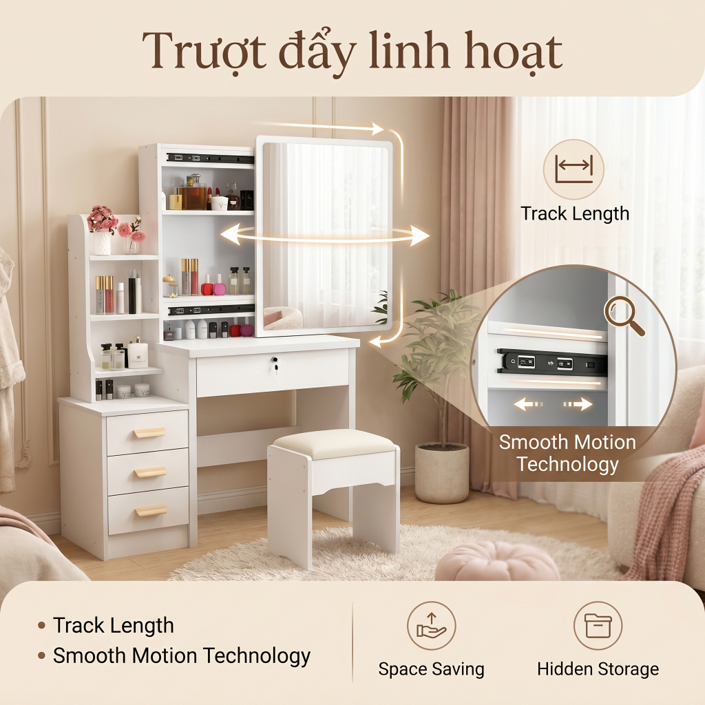 BM bàn trang điểm, Bàn làm việc kèm tủ đựng đồ full trắng gỗ MDF kết hợp khung sắt chắc chắn | BigBuy360 - bigbuy360.vn