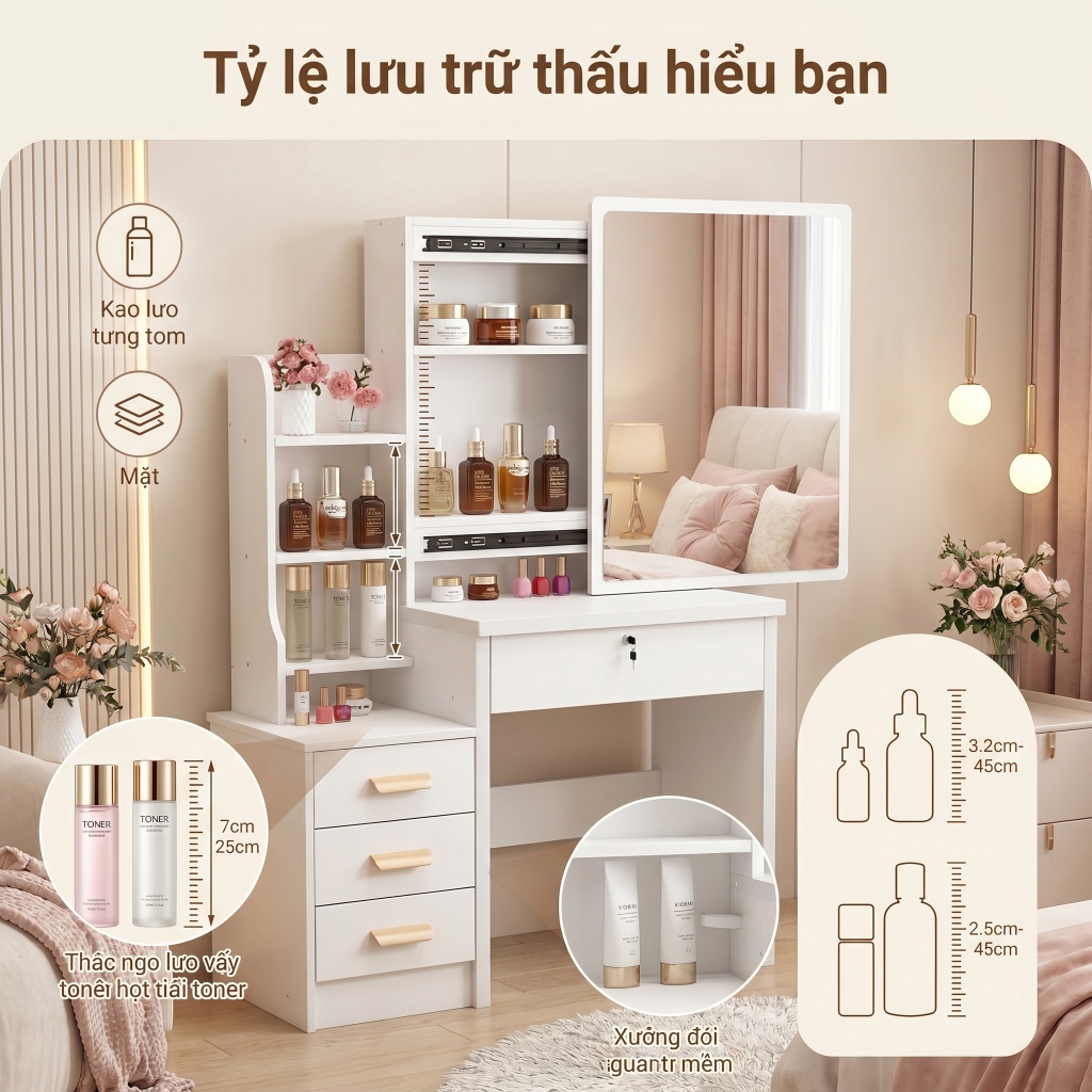 BM bàn trang điểm, Bàn làm việc kèm tủ đựng đồ full trắng gỗ MDF kết hợp khung sắt chắc chắn | BigBuy360 - bigbuy360.vn