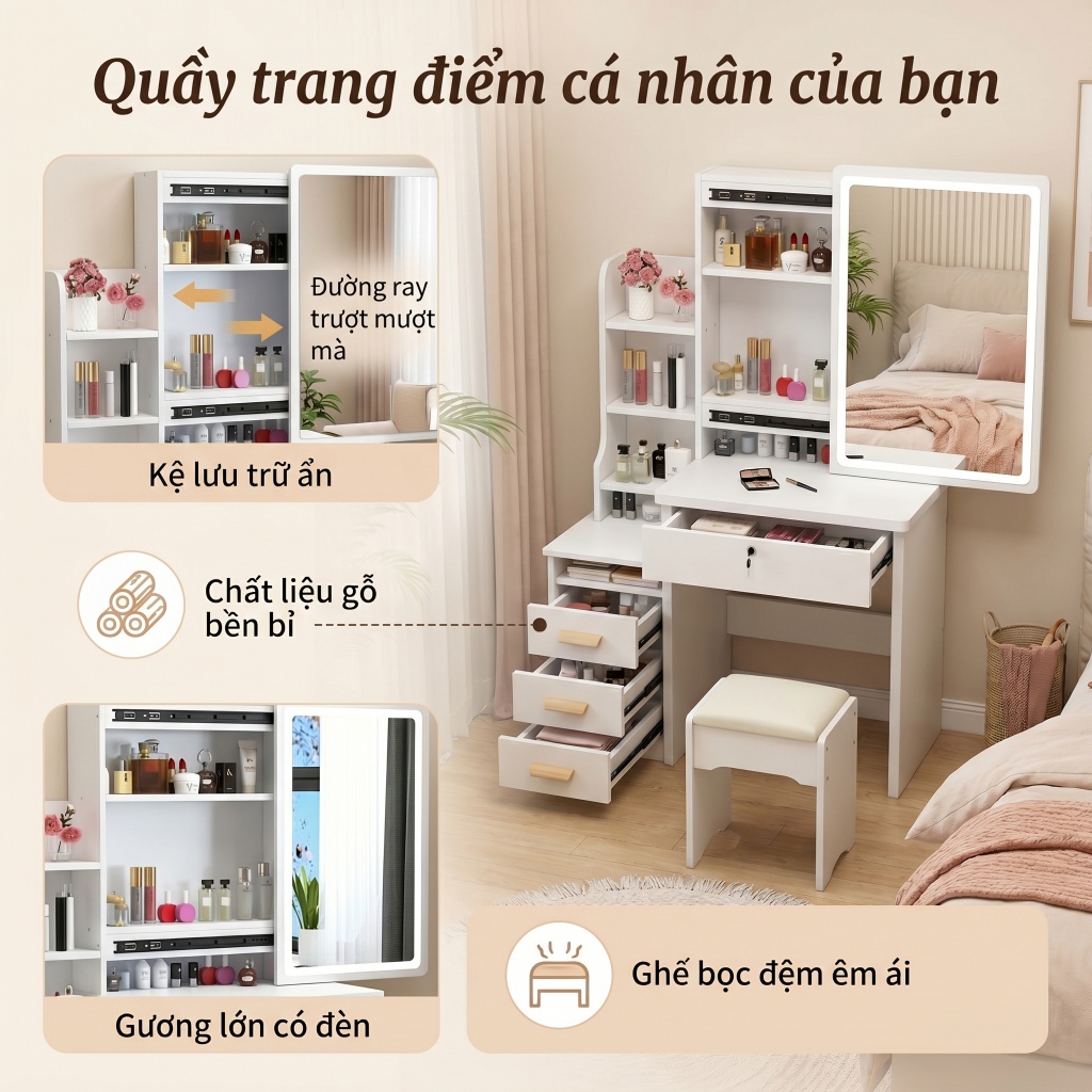 BM bàn trang điểm, Bàn làm việc kèm tủ đựng đồ full trắng gỗ MDF kết hợp khung sắt chắc chắn | BigBuy360 - bigbuy360.vn