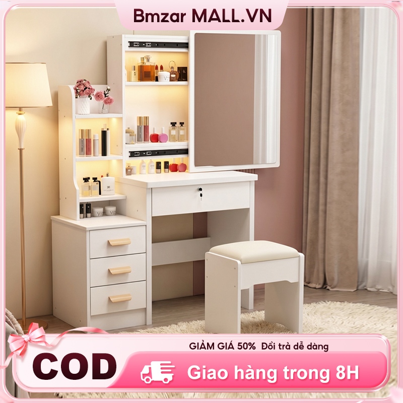 BM bàn trang điểm, Bàn làm việc kèm tủ đựng đồ full trắng gỗ MDF kết hợp khung sắt chắc chắn