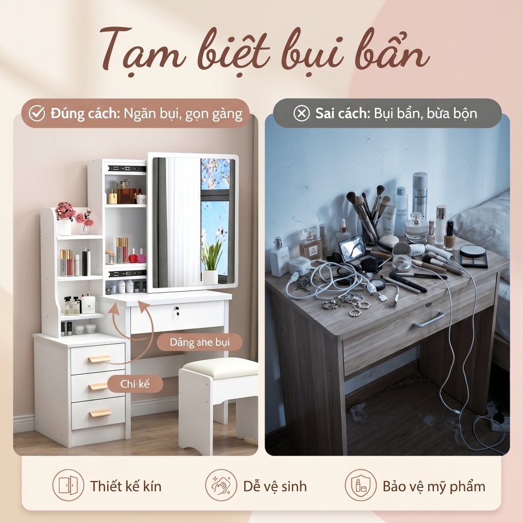 BM bàn trang điểm, Bàn làm việc kèm tủ đựng đồ full trắng gỗ MDF kết hợp khung sắt chắc chắn | BigBuy360 - bigbuy360.vn