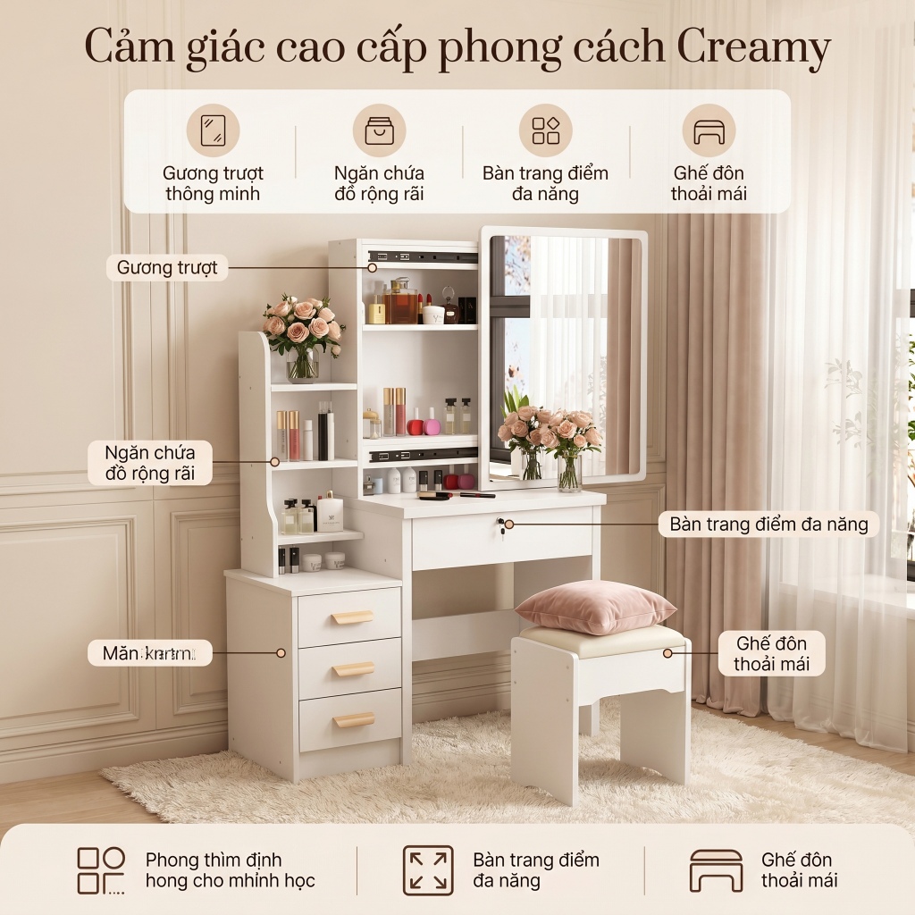 BM bàn trang điểm, Bàn làm việc kèm tủ đựng đồ full trắng gỗ MDF kết hợp khung sắt chắc chắn | BigBuy360 - bigbuy360.vn