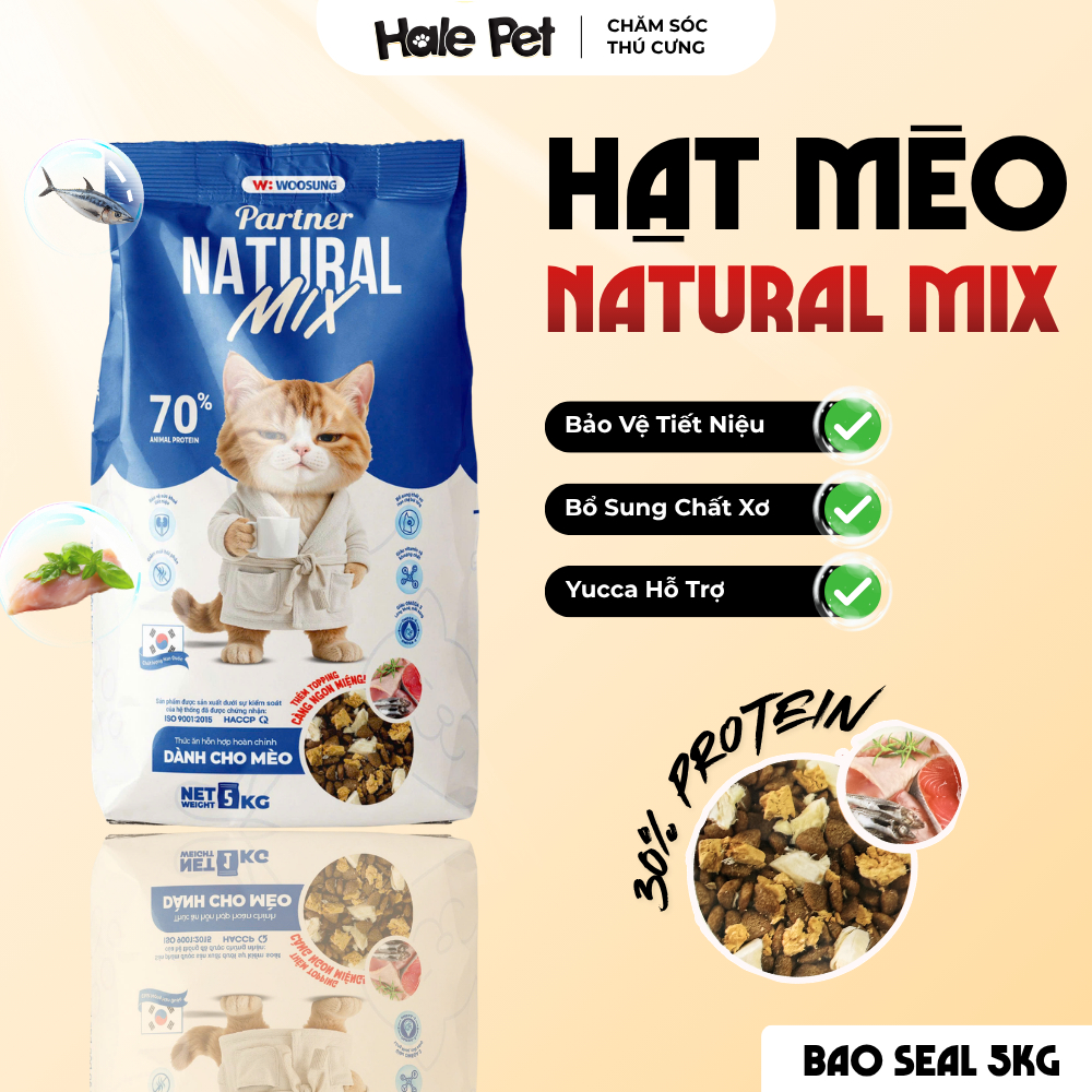 [BAO 5KG] Hạt cho mèo Natural MIX - Đạm 30%, TOPPING thịt sấy, Dễ tiêu hoá, Woosung Catday Hàn Quốc