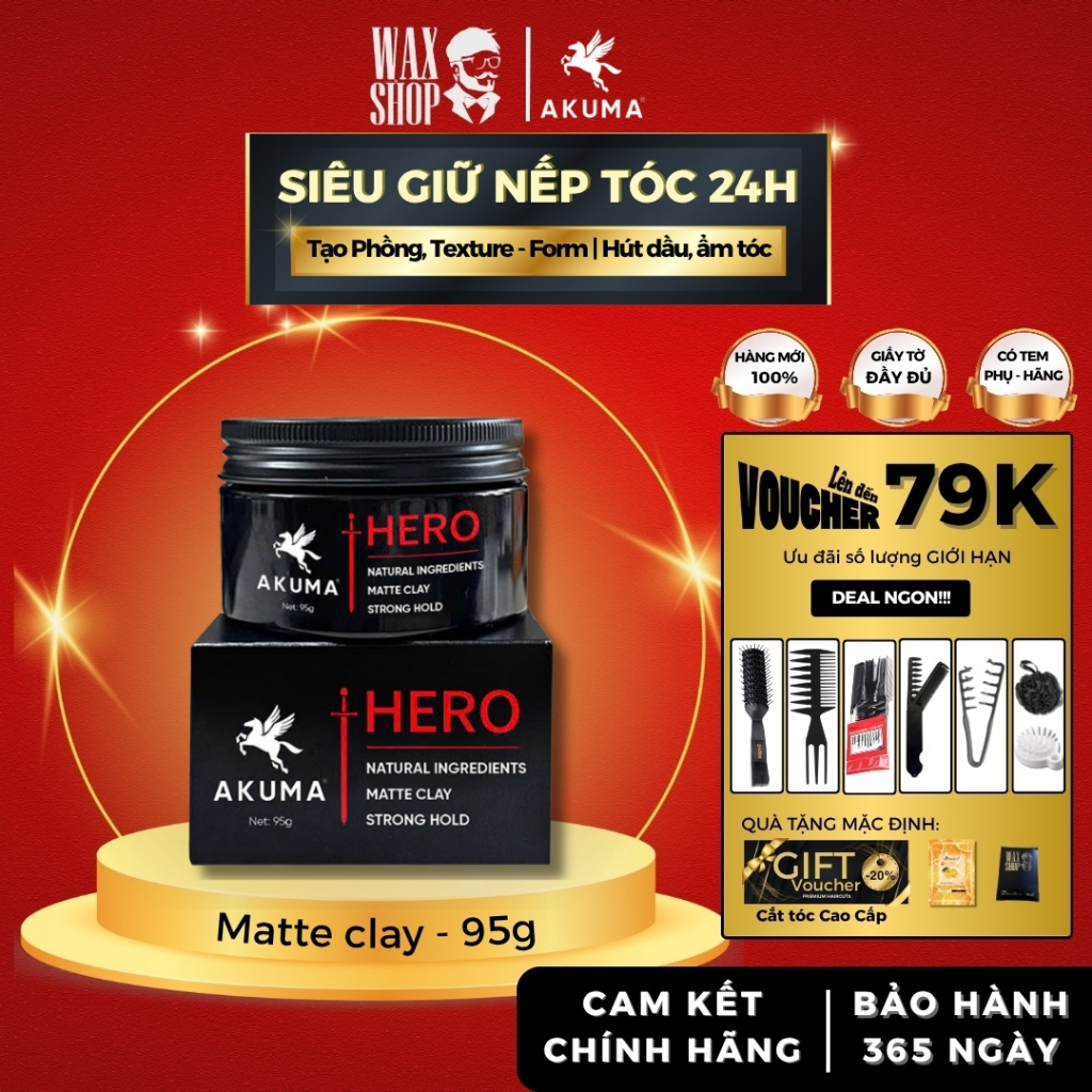 Sáp vuốt tóc nam Akuma Hero Matte Clay 95g chính hãng, gel, wax giữ nếp tóc