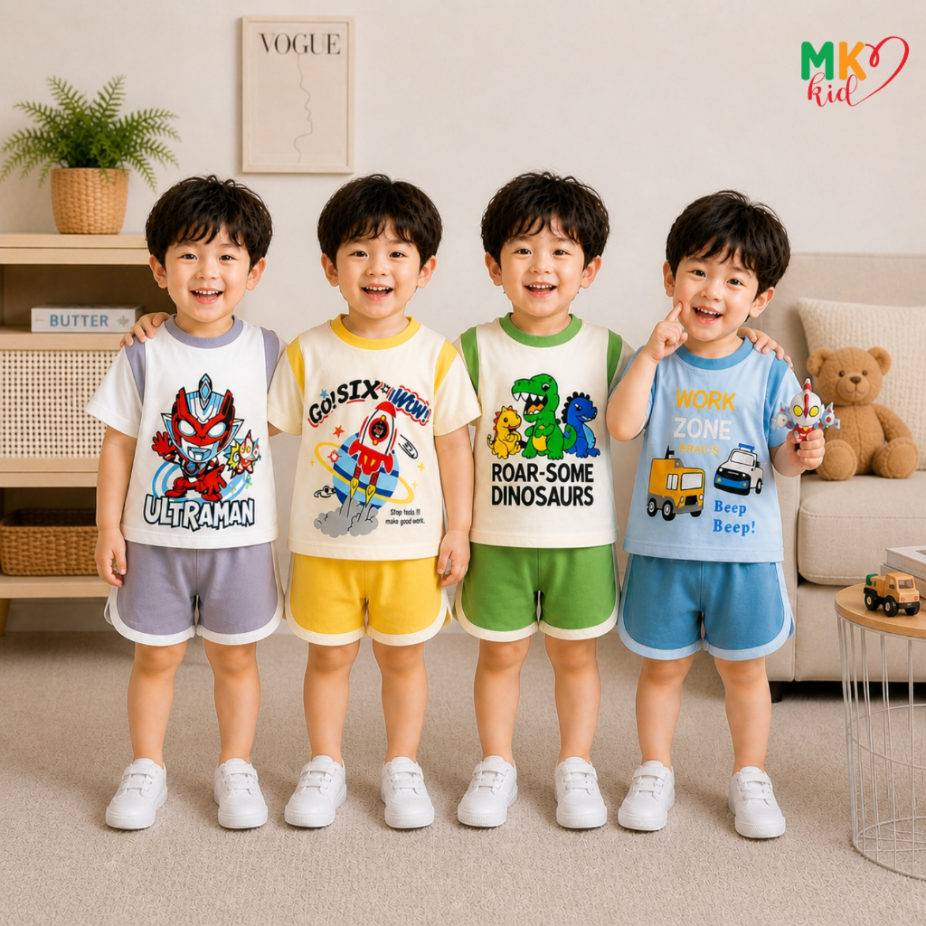 Đồ Bộ Bé Trai Cộc Tay 9-30kg Thun Lạnh Mềm Mát, Họa Tiết Ô Tô Siêu Nhân Khủng Long Mạnh Mẽ Cá Tính
