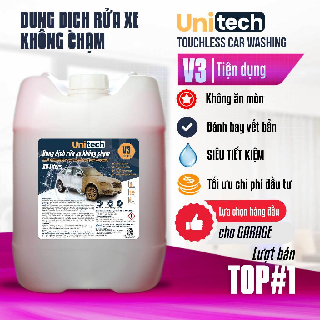 Nước rửa xe không chạm UNITECH V3 (can 20 lít) - Dung dịch không chạm chính hãng, giá tốt