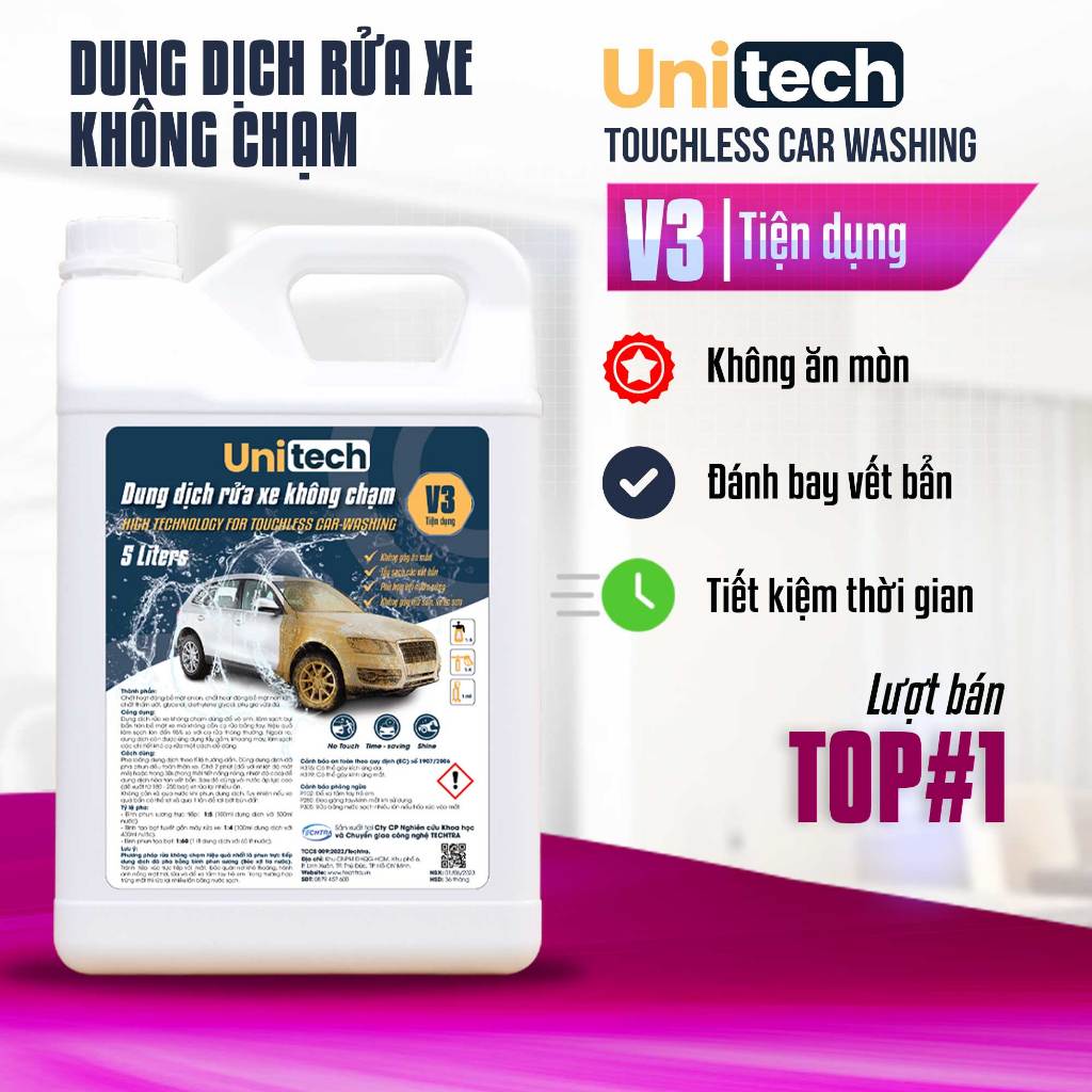 Nước rửa xe bọt tuyết không chạm UNITECH V3 (5 lít) | Dung dịch rửa xe V3 chính hãng, siêu sạch