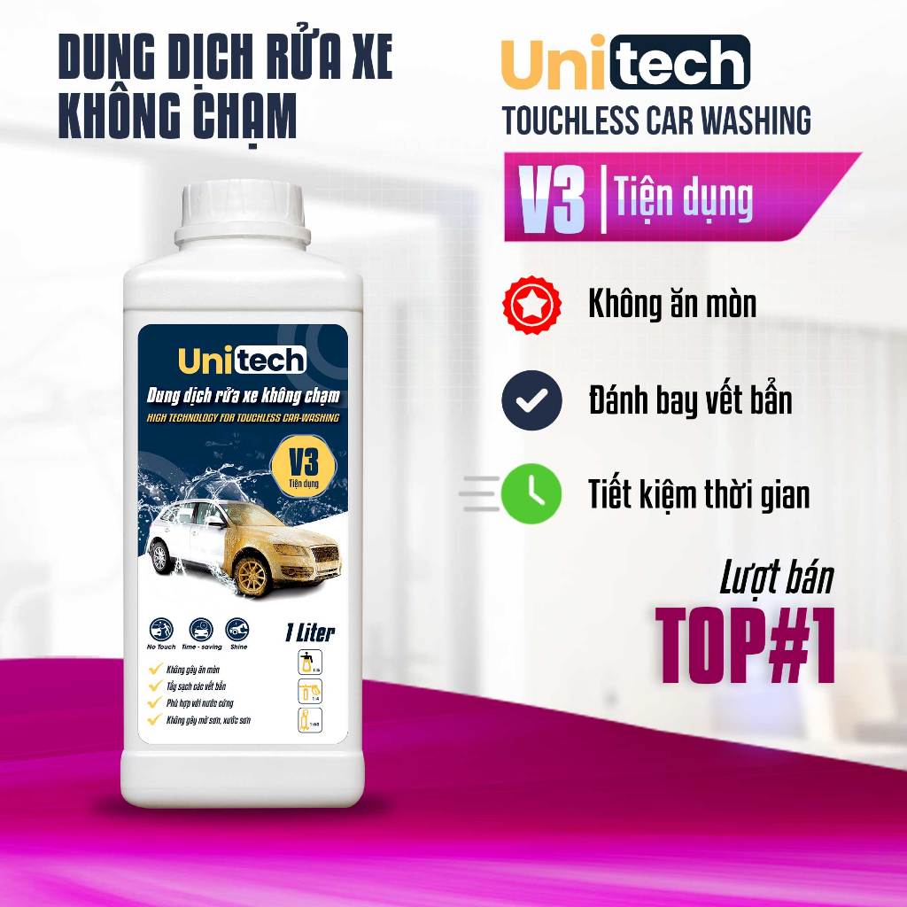 Nước rửa xe không chạm UNITECH V3 (1 lít) | Rửa xe bọt tuyết không chạm siêu sạch, tiết kiệm
