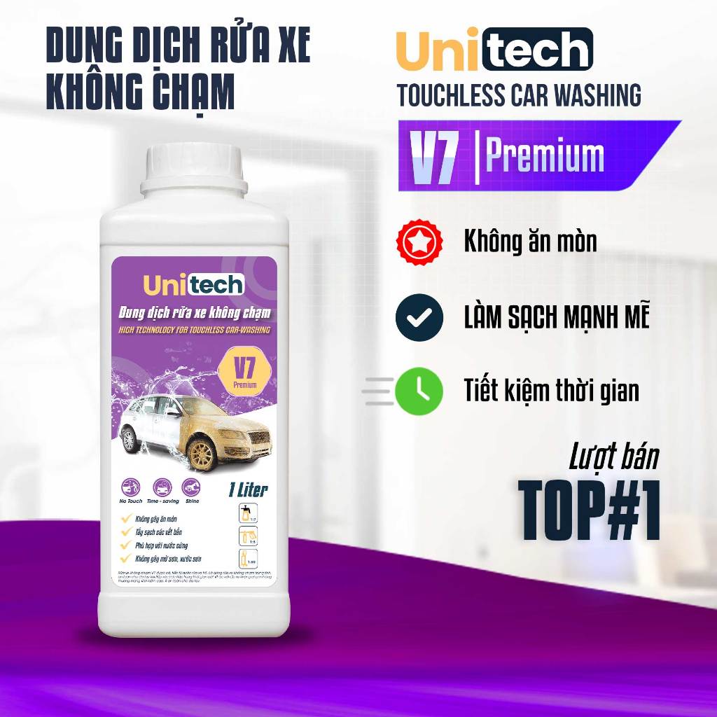Nước rửa xe không chạm UNITECH V7 (1 lít) | Xà phòng rửa xe ô tô, xe máy không chạm