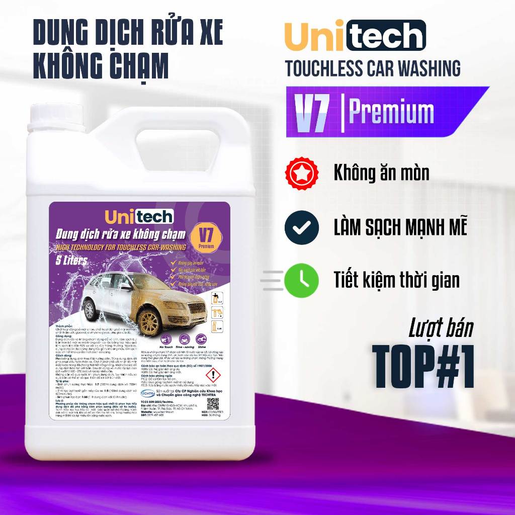 Dung Dịch Rửa Xe Không Chạm UNITECH V7 (5 Lít) - Bọt Tuyết Không Chạm Rửa Xe Ô Tô, Xe Máy Cao Cấp