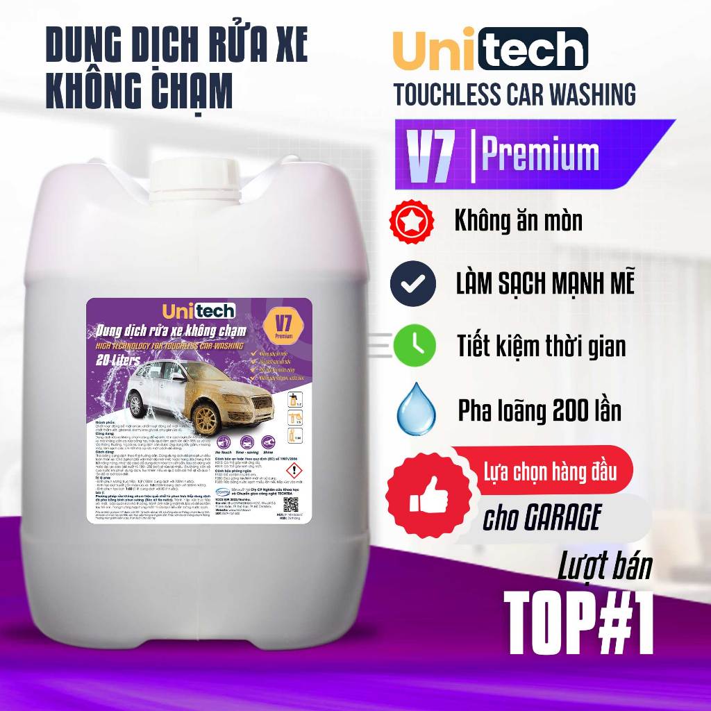 Dung Dịch Rửa Xe Không Chạm Cao Cấp UNITECH V7 (20 Lít) - Can Rửa Xe Bọt Tuyết Không Chạm Siêu Mạnh