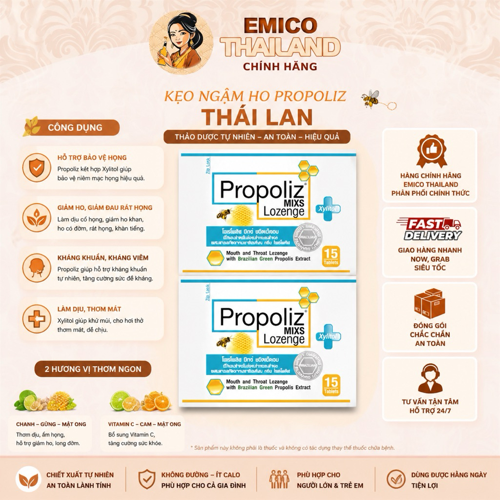 Kẹo Ngậm Ho Keo Ong Propoliz Mixs Lozenge Thái Lan 15 Viên