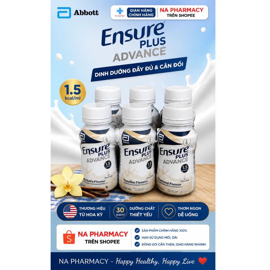 🔥 [ Lốc 6 chai] ENSURE PLUS ADVANCE 220ML – SỮA DINH DƯỠNG CAO NĂNG LƯỢNG 1.5KCAL/ML