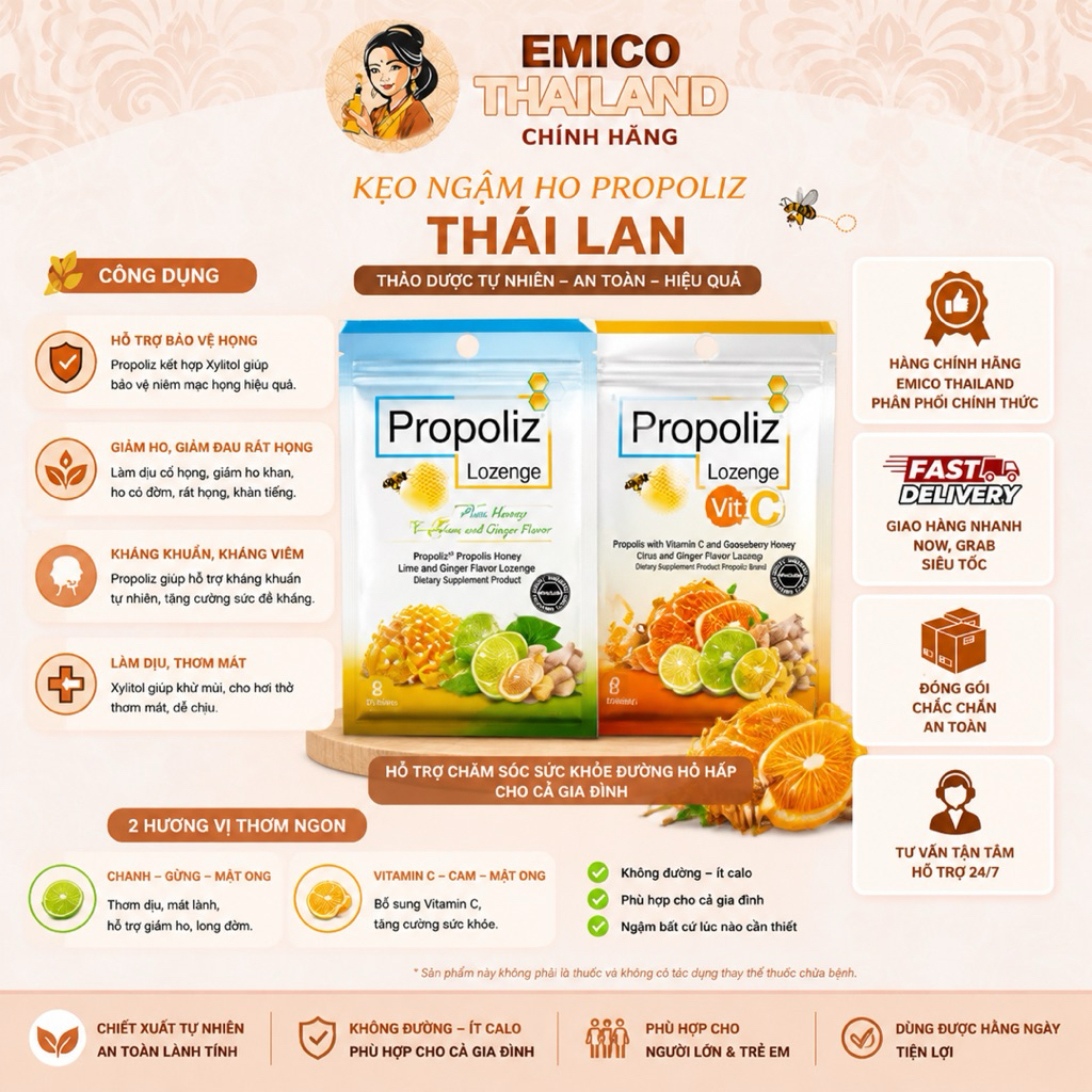Kẹo Ngậm Propoliz Lozenge Thái Lan Gói 8 Viên Lime & Ginger / Citrus + Vitamin C