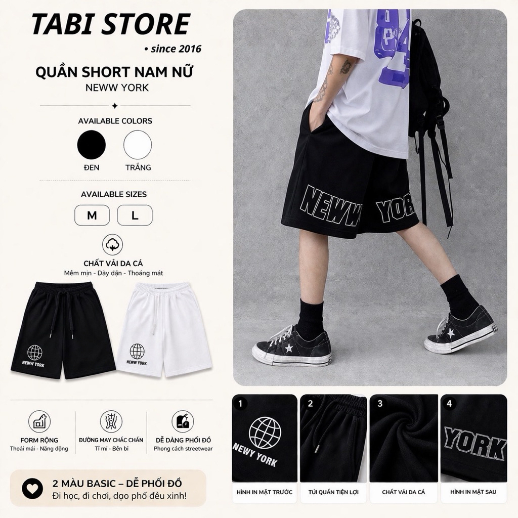 Quần short nam nữ unisex form rộng dưới 75kg Neww York in chữ thể thao streetwear Tabi Store