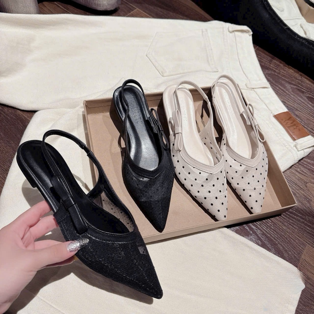 Giày Búp Bế Nữ Giày Slingback Mũi Nhọn Quai Lưới Đính Nơ Tiểu Thư Tôn Chân MT Shoes GN110