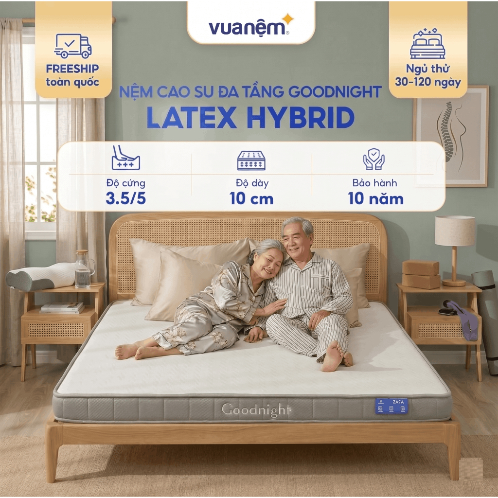 Nệm cao su non Goodnight Latex Hybrid, foam kết hợp cao su cứng vừa, phù hợp người đau lưng