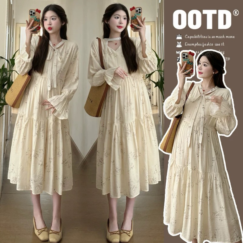 Đầm babydoll đầm bầu thả tầng cột nơ cổ