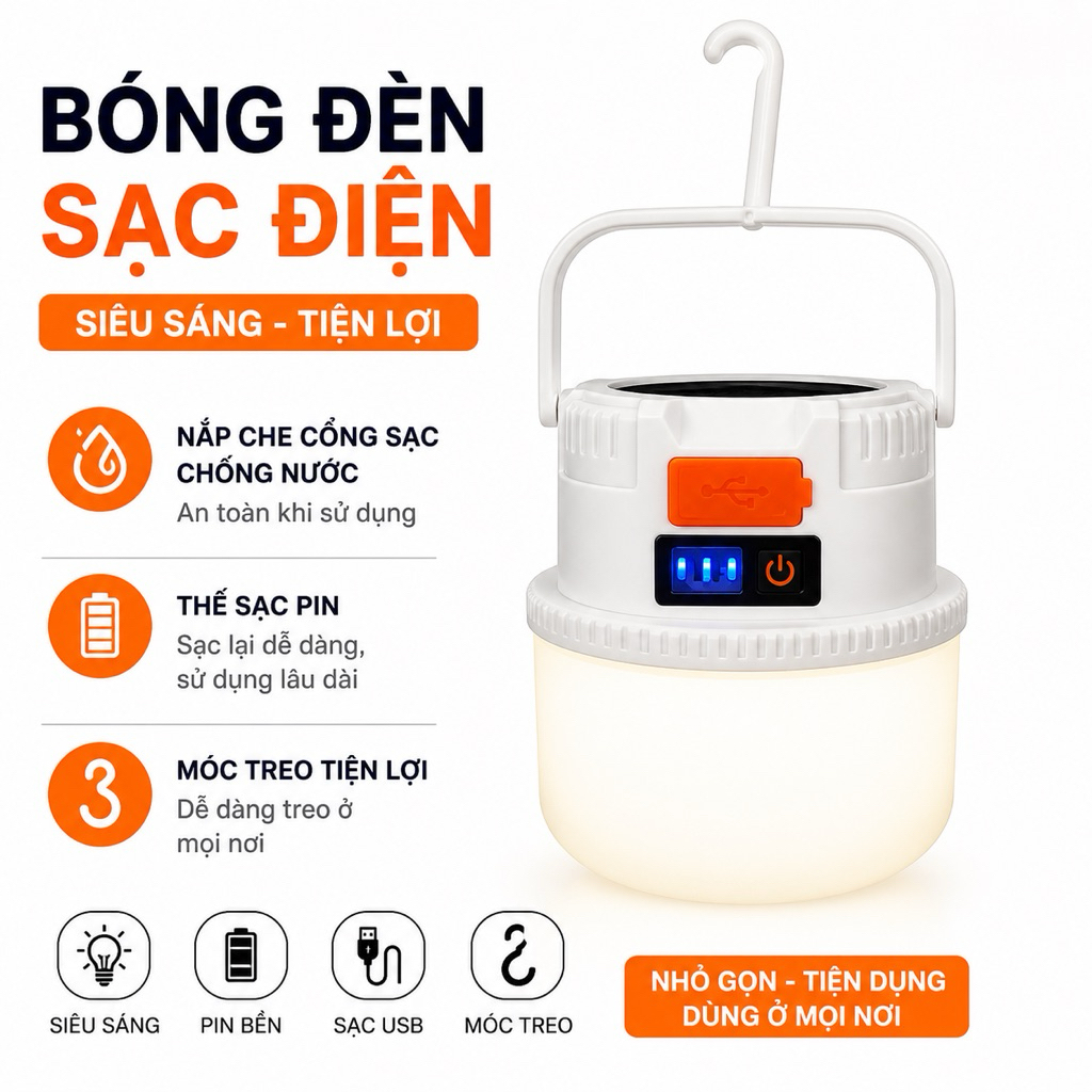 Bóng Đèn Cắm Trại Ngoài Trời Sạc Pin 2400mA Sáng Liên Tục 5-8h
