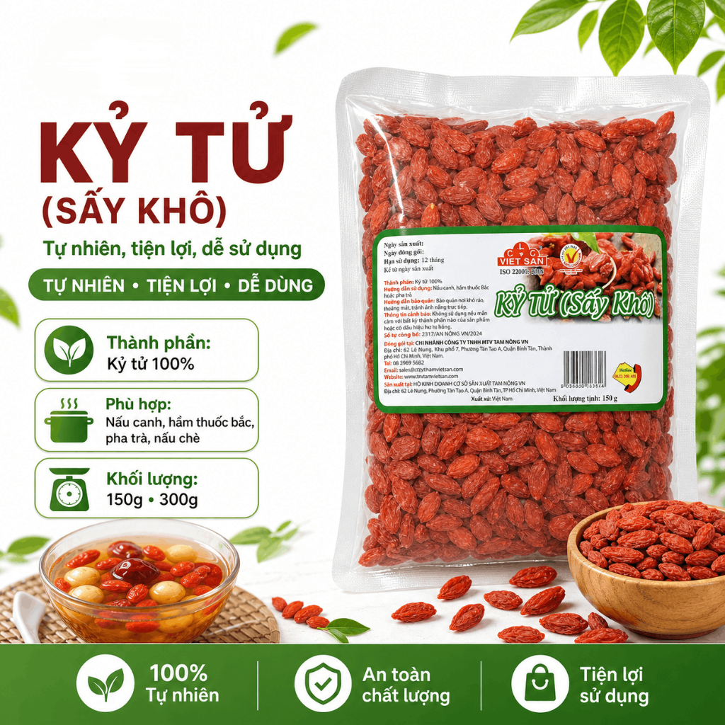 Kỷ Tử Đỏ Thượng Hạng Việt San - Hạt To Mọng Sấy Khô Tự Nhiên Bồi Bổ Sức Khỏe Túi 300G