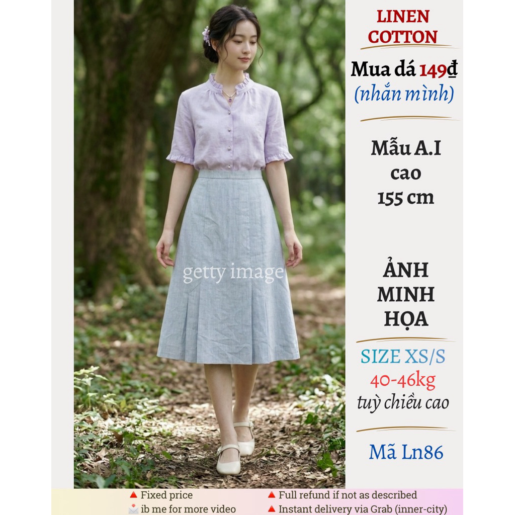 1️⃣4️⃣9️⃣ [Used Nhật] Chân váy linen pha, A xếp ly, poly phối linen, màu xanh pastel, size XS-S (40-