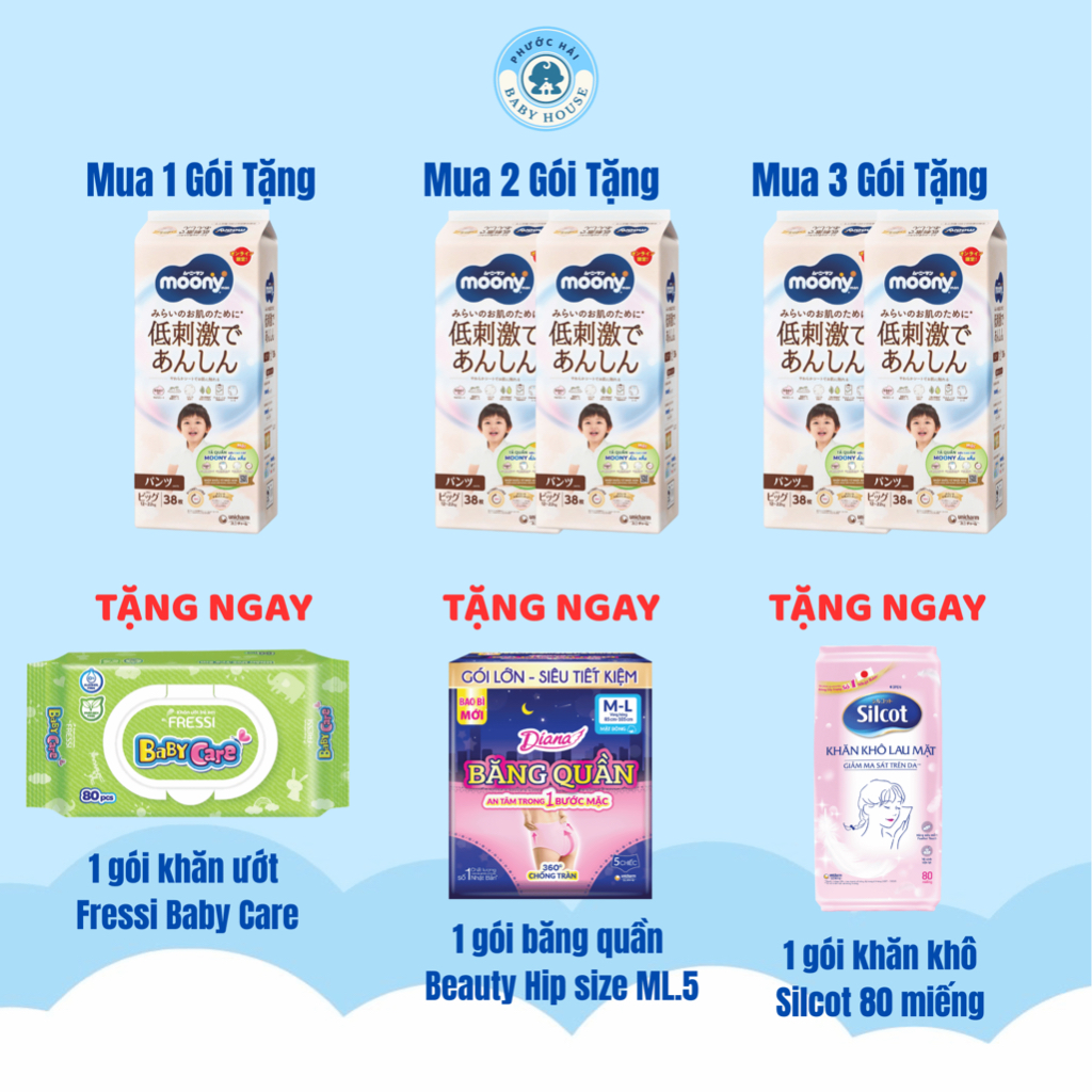 [Quà tặng] Tã/bỉm quần Moony Dịu Nhẹ, Moony trắng siêu cao cấp đủ size M,L,XL cho bé, NPP Phước Hải