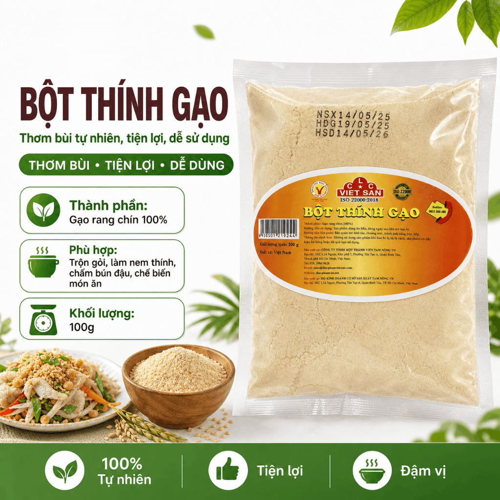 Bột Thính Việt San Túi 100g - Thơm Nồng Nguyên Chất, Làm Nem Thính, Thính Thính (Gói 100g & Combo 5 Gói)