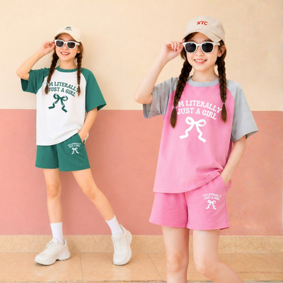 Bộ quần áo bé gái mùa hè in nơ Just a girl - Bộ cộc tay bé gái cân nặng 15-45kg - Loza Kids FB679