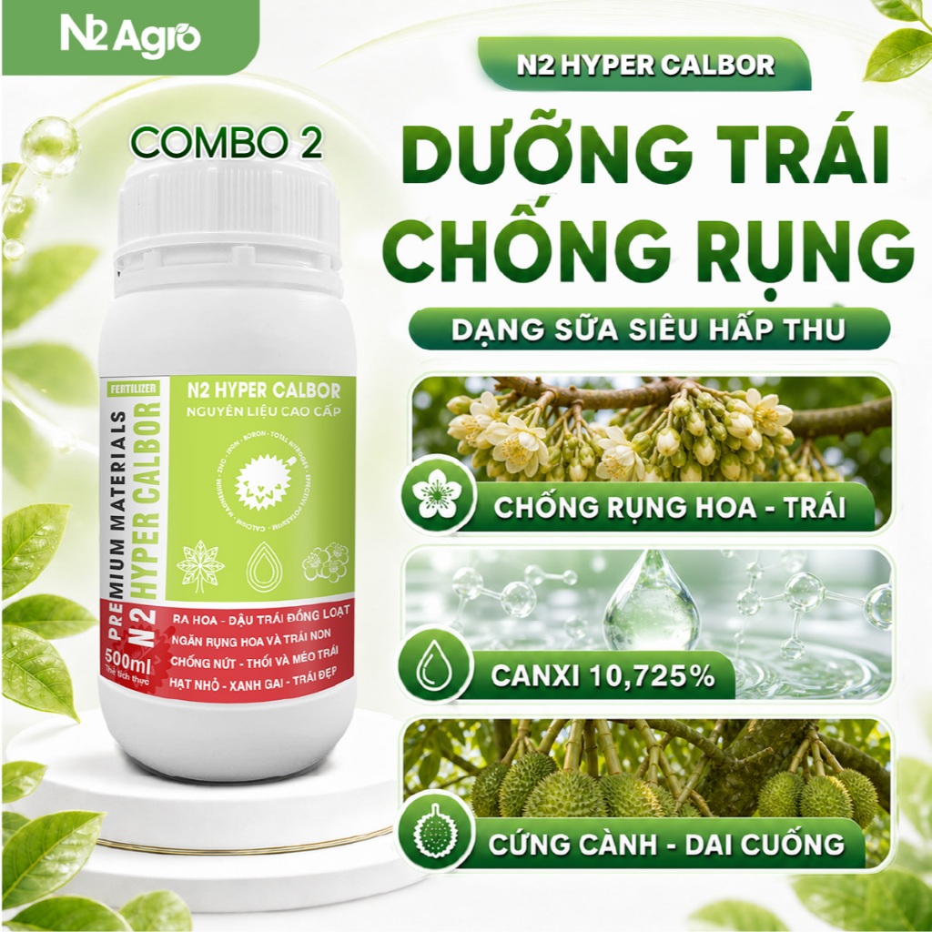 COMBO 2 CHAI Phân Bón N2 Hyper Calbor N2 Agro - Giảm Rụng Hoa Trái, Tăng Phẩm Chất Trái 500ml