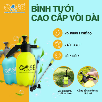 Bình tưới cây màu lam, có vòi dài phun sương phun nước GOSE cao cấp 2L/3L có khóa tự động