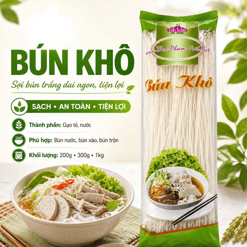 Bún Khô Gạo Việt San 200g - Bún Gạo Khô Sợi Dai Nấu Bún Nước Bún Xào Cuốn Bánh Tráng