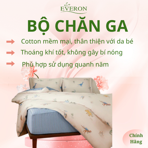 Bộ chăn ga Everon CPC26204 – Họa Tiết Khủng Long Trẻ Em, Vải Cotton Mềm Mịn, Thoáng Khí, Chăn Ga Cho