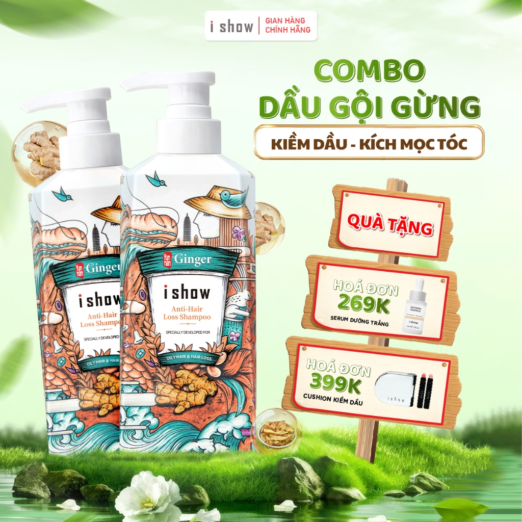 Combo 2 Chai Dầu Gội Gừng I SHOW Giảm Rụng Kích Mọc Tóc, Dầu Gội Thảo Dược 300ml/chai