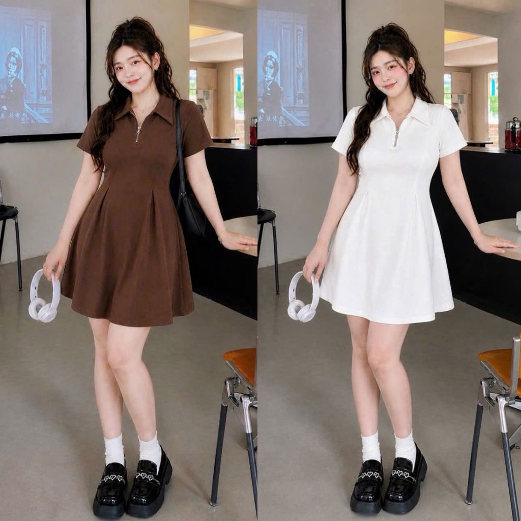 Đầm váy polo bigsize nữ dáng xuông xòe có khóe kéo cách điệu chât vải thun gân dành cho nàng chuppy 