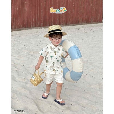 Set bộ cộc tay Beemo cổ tàu in hình cây dừa vải cotton kết hợp quần kaki cho bé đi học, đi chơi 6177BHB
