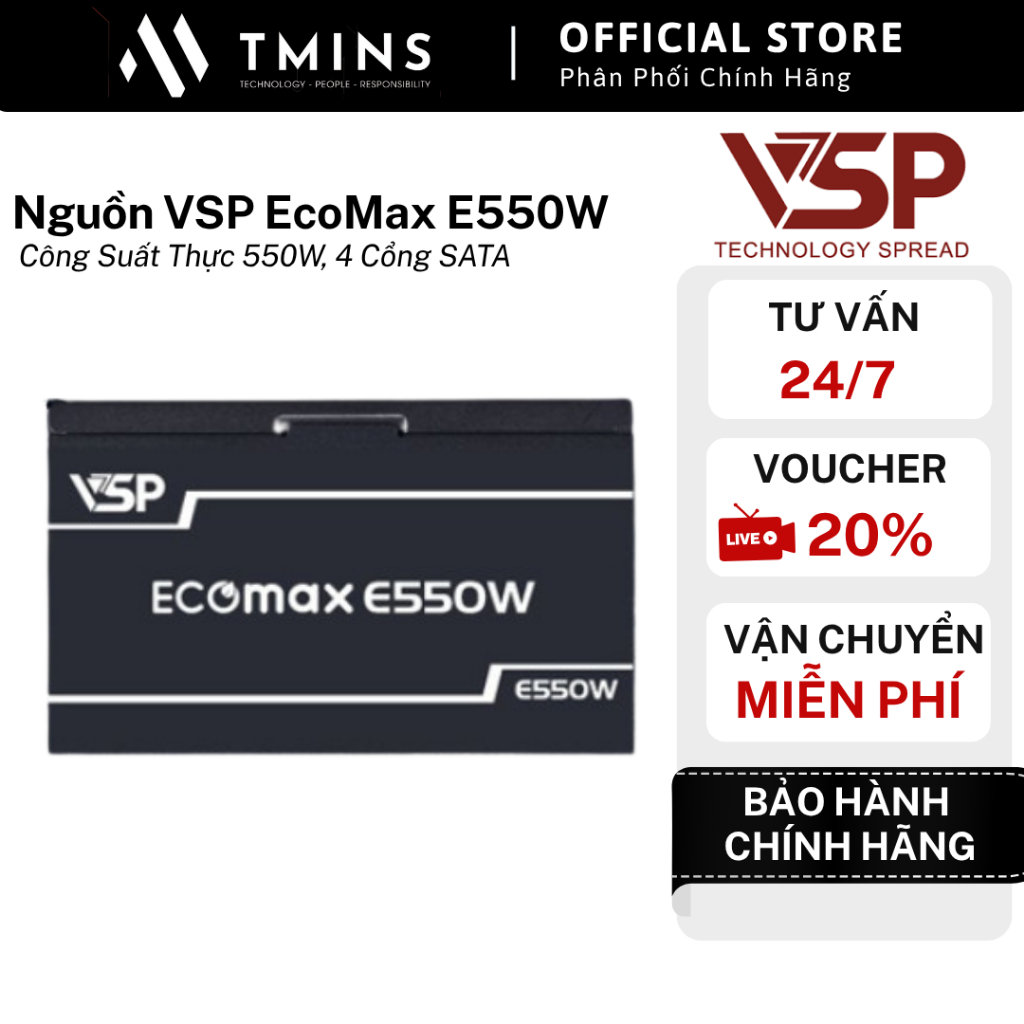 Nguồn VSP EcoMax E550W | Công Suất Thực 550W, 4 Cổng SATA - Hàng Chính Hãng