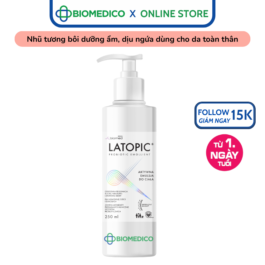 Nhũ tương LATOPIC PROBIOTIC EMOLLIENT ACTIVE BODY EMULSION dưỡng ẩm, dịu ngứa toàn thân cho da dị ứn