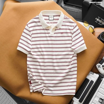 Áo polo nam HEBOZ stripped Vneck 5M, áo thun cổ bẻ cotton dệt sọc form slim fit - 00003173