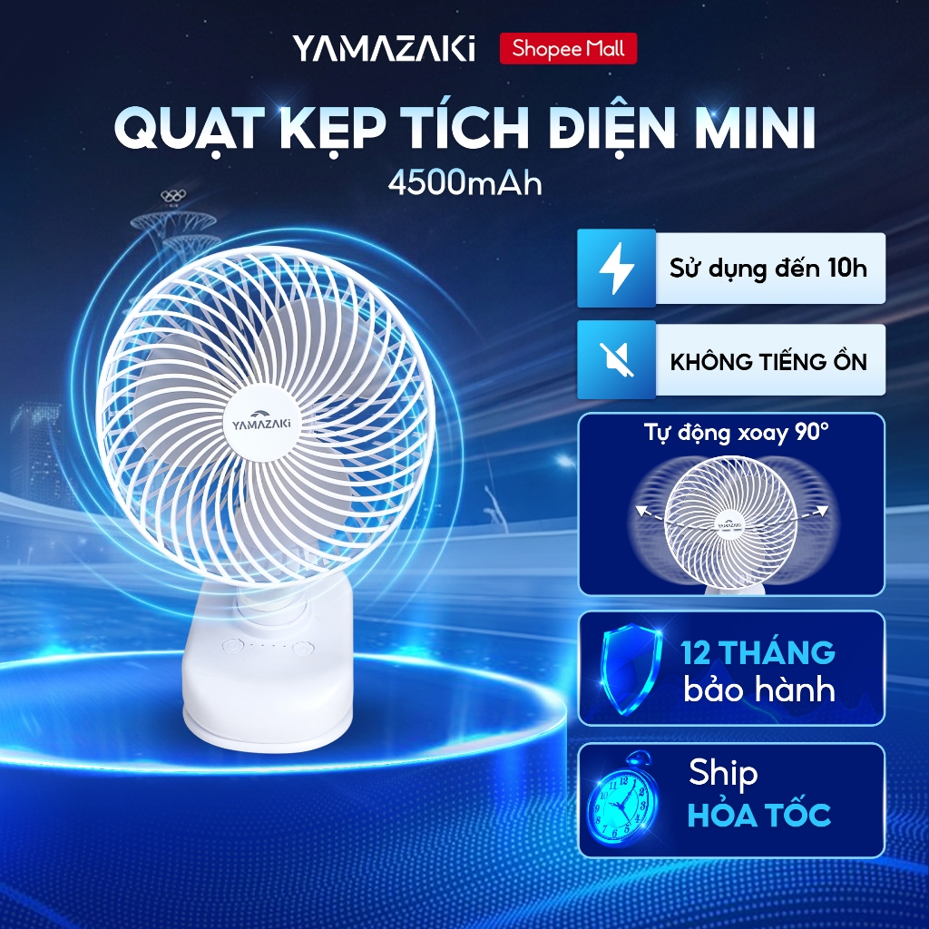 Quạt Tích Điện Mini Loại Kẹp YAMAZAKI Pin Sử Dụng 8-12 Tiếng Xoay 360 Độ, Pin 4500 MAH Chạy Êm Ái