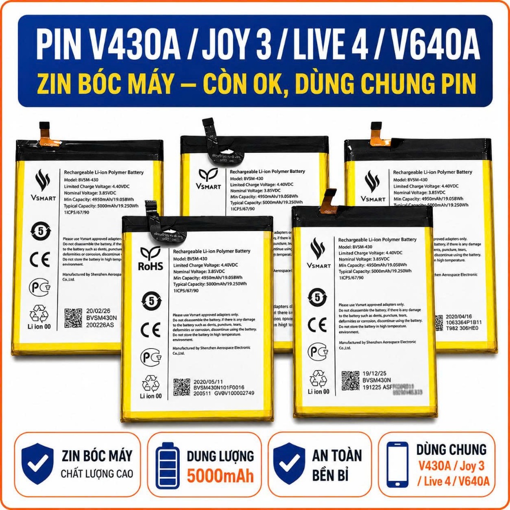 Pin V430A/Joy 3/Live 4 VSMART,Zin Bóc máy ) còn OK
