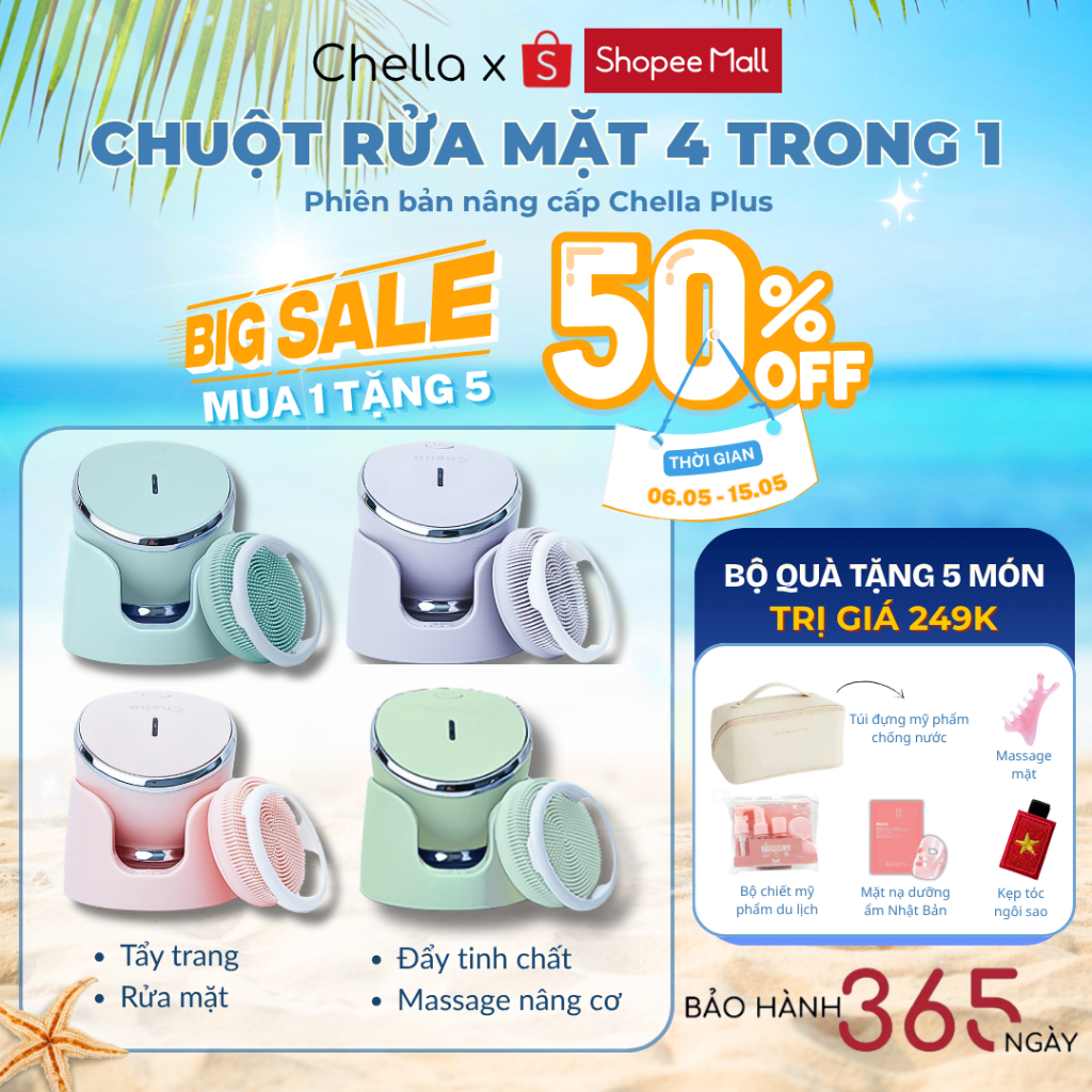 Chuột Rửa Mặt Chella 4 trong 1 kèm Tẩy Trang, Máy Đẩy Tinh Chất, Nâng Cơ, Máy Rửa Mặt Giúp Da Sạch S