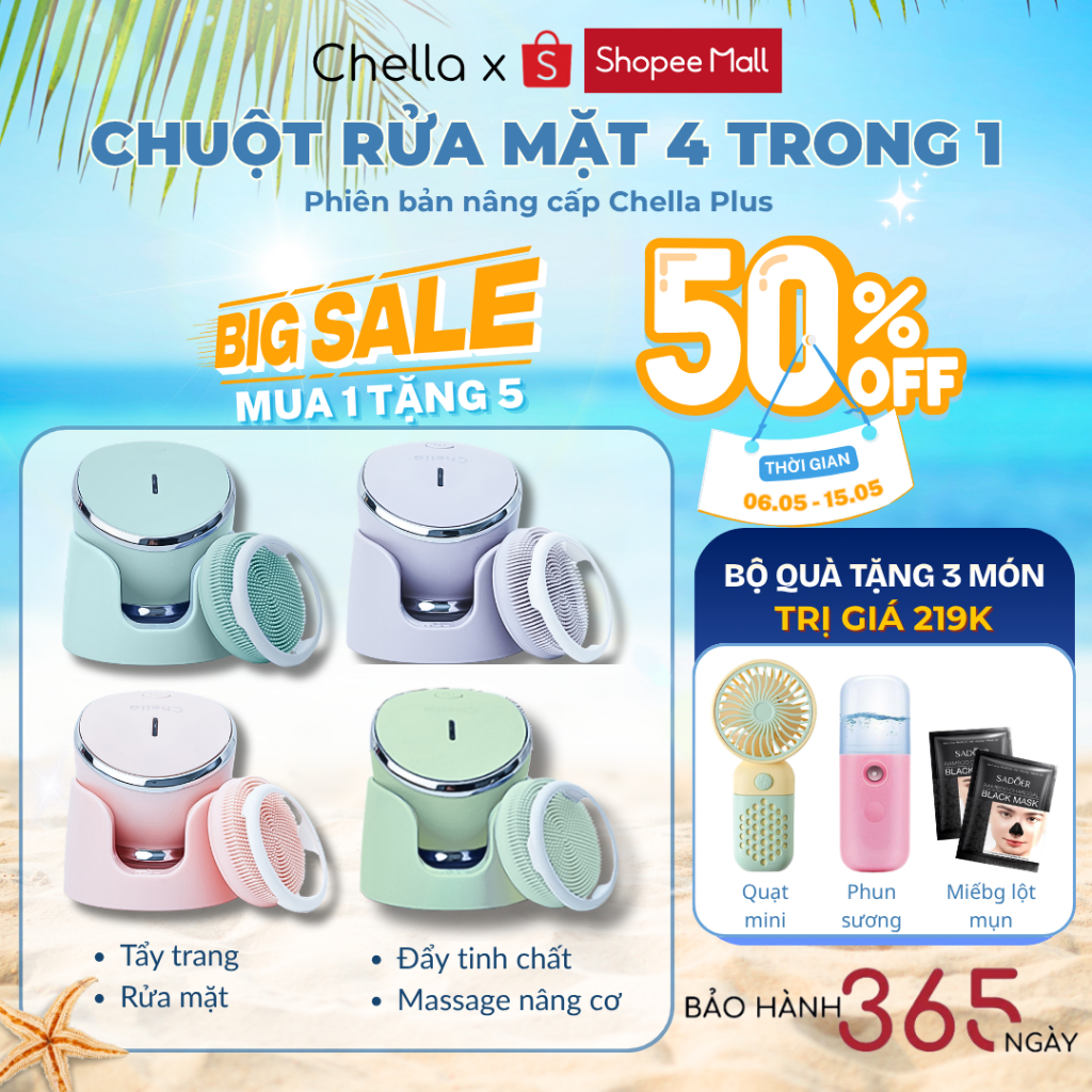 Chuột Rửa Mặt Chella 4 trong 1 hỗ trợ Tẩy Trang, Nâng Cơ, Máy Đẩy Tinh Chất, Máy Rửa Mặt - Bảo Hành 