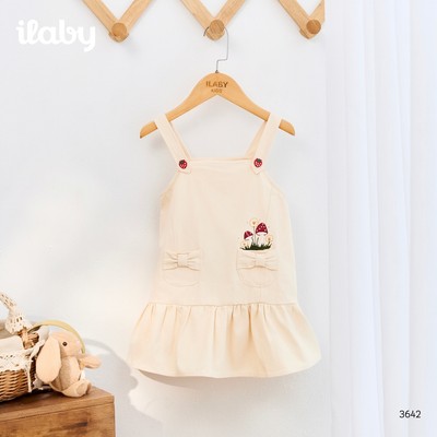 [ILABY 10-40kg] Váy yếm bé gái chất thô cao cấp thêu nấm, phối túi nơ tiểu thư ngọt ngào [3642]
